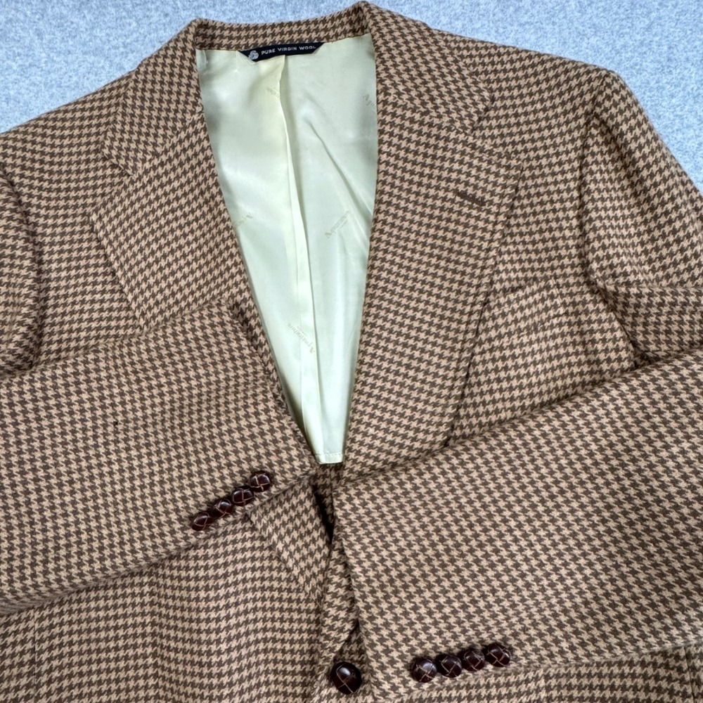 Aquascutum London Vintage Pure Virgin Wool Houndstooth Blazer Brown Mens 44